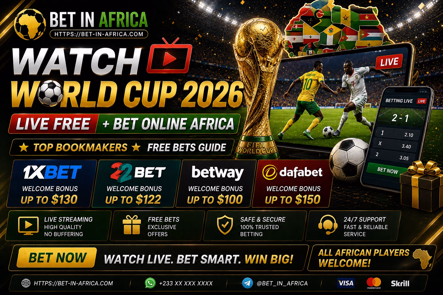 ๐บ Watch World Cup 2026 Live Free + Bet Online Africa โ Top Bookmakers & Free Bets Guide