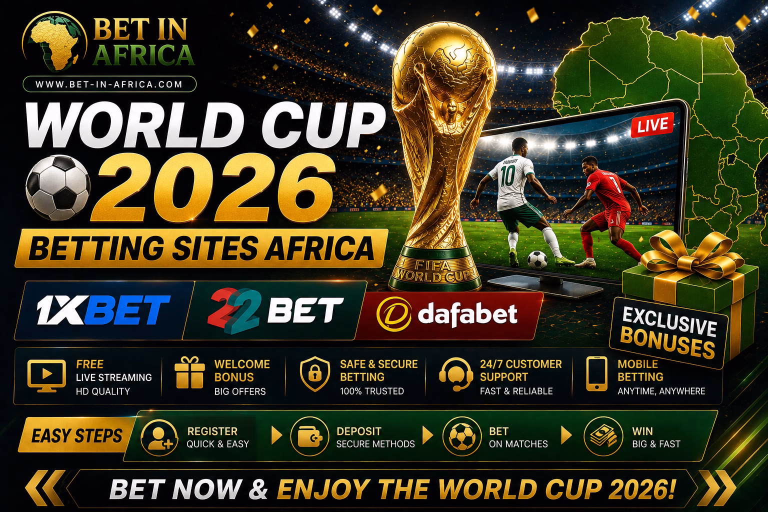 ⚽ World Cup 2026 Betting Sites Africa – Free Live Streaming + Bonuses (1xBet, 22Bet, Dafabet)